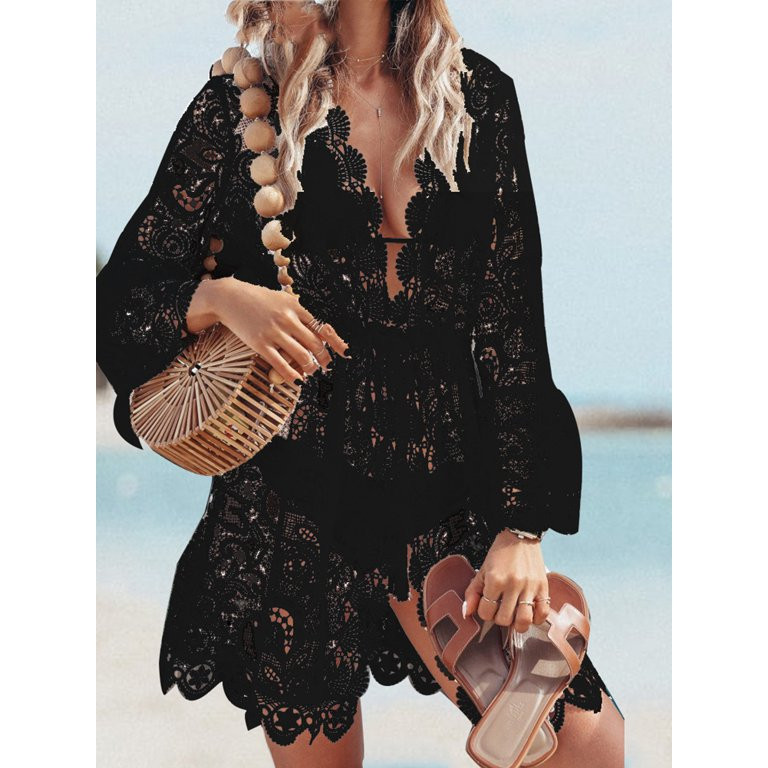 AMILIEe Womens Bathing Suit Lace Crochet Bikini Swimwear Cover Up Beach Dress | Walmart (US)