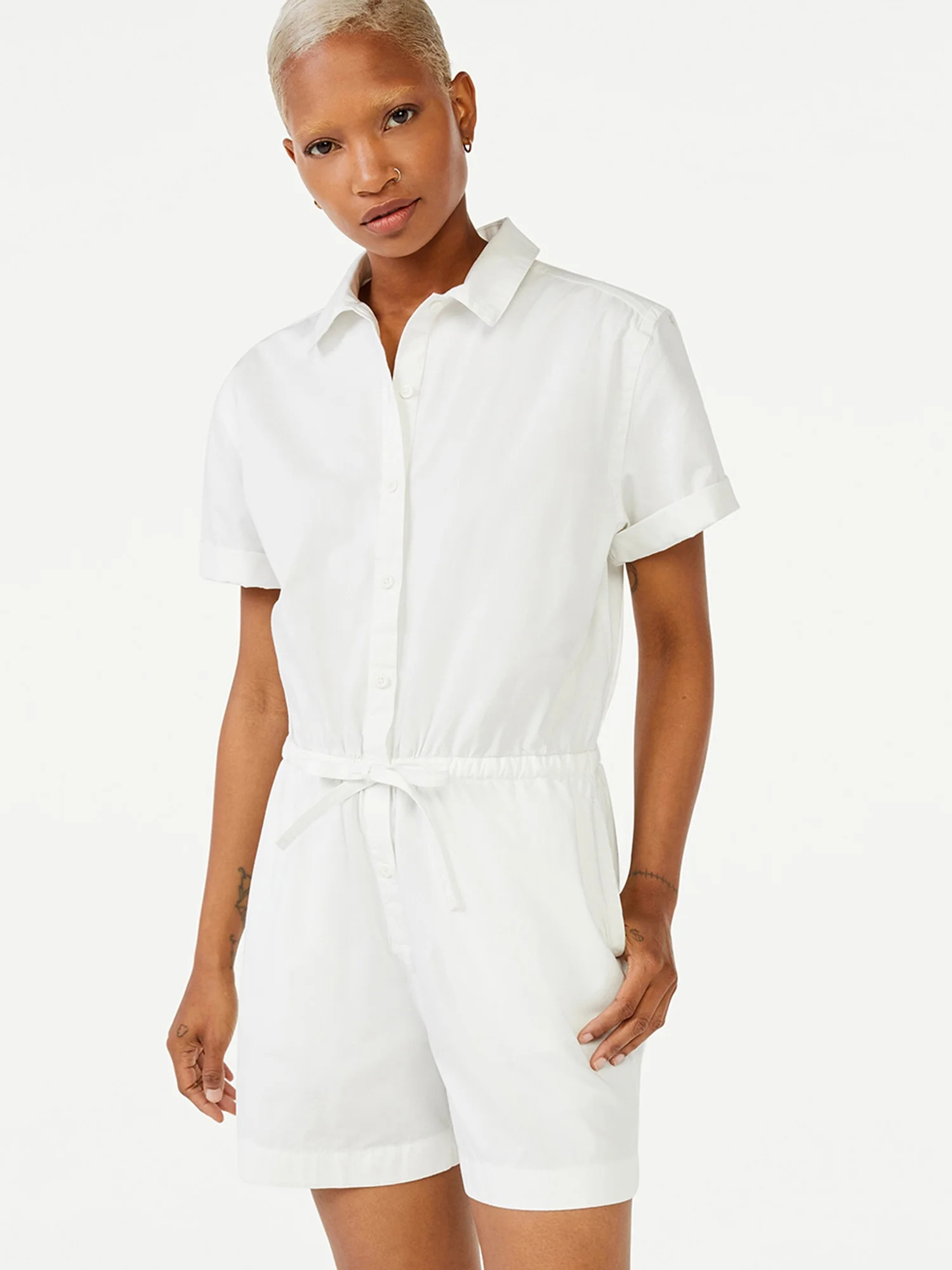 Free Assembly Women's Short Sleeve Drawstring Romper - Walmart.com | Walmart (US)
