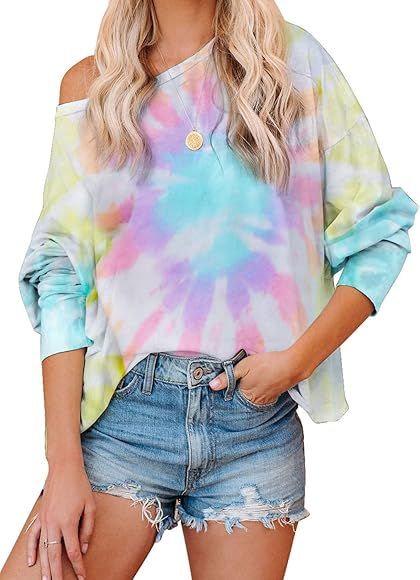 Women's Tie Dye Printed Long Sleeve Sweatshirt Round Neck Casual Loose Pullover Tops Shirts | Amazon (US)