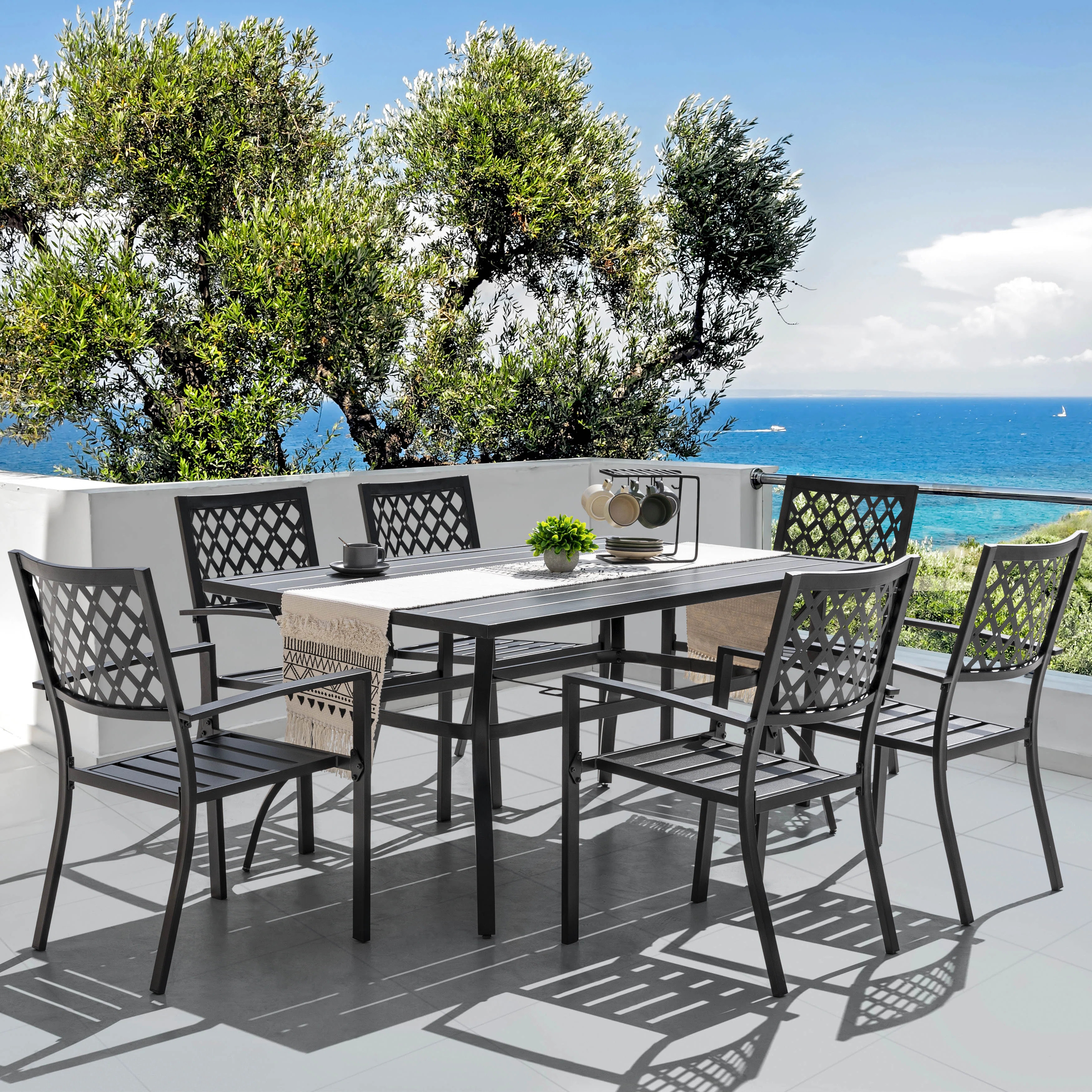 Outdoor 7-Piece Dining Set, Iron Finish, Black with Gold Speckles | Wayfair North America