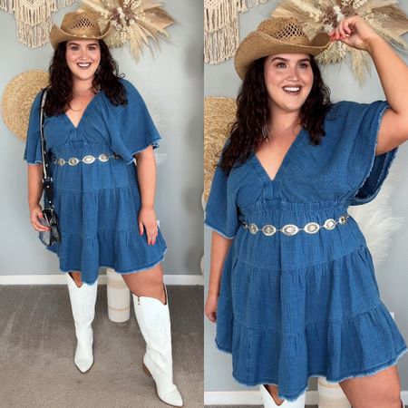 Coastal cowgirl country concert outfit inspo 🤠🐚🌊 
Dress: XL, super stretchy + flowy fit, recommend a size down 
Wide calf and wide width cowboy boots 
Concho belt 
Straw cowgirl hat 

#LTKMidsize #LTKStyleTip #LTKPlusSize