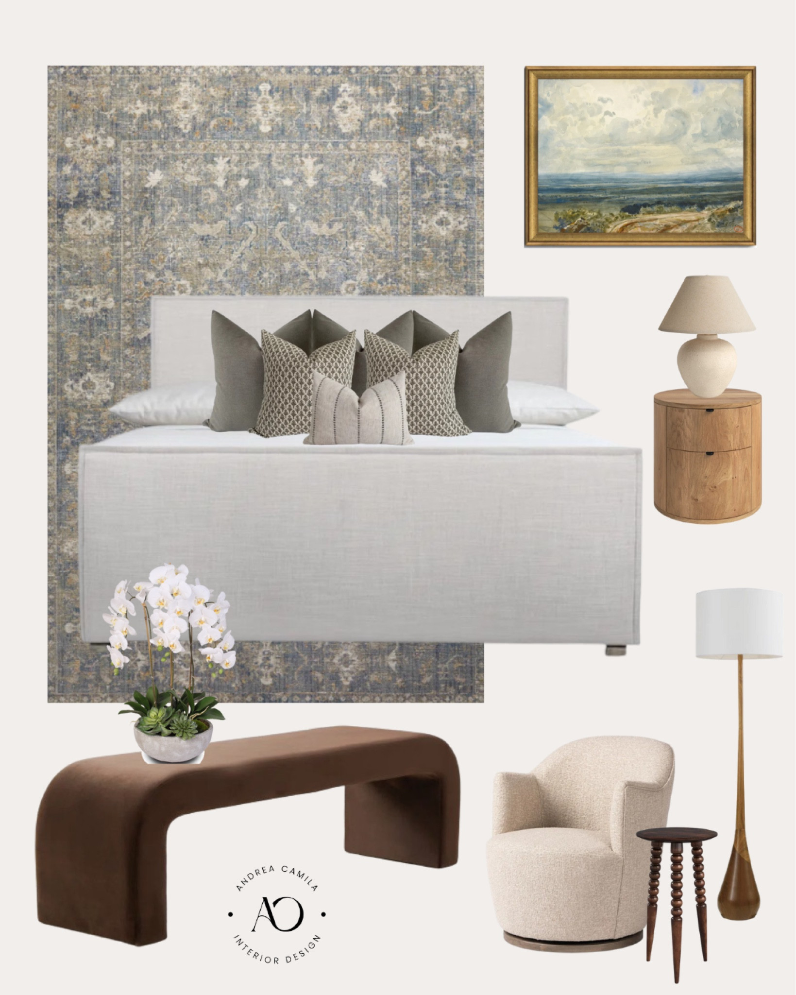 Best bedroom set. Interior design pillow cover combo. Brown velvet upholstered bench. Upholstered bed frame. Wooden vintage antique end table. Wood modern nightstand table. Drawer nightstand. Organic farmhouse table lamp. Oriental traditional rug. Swivel accent chair. Vintage artwork. Wall decor. Floor lamp  

#LTKstyletip #LTKhome #LTKsalealert