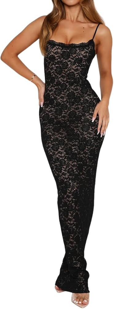Women's Lace Maxi Dress Spaghetti Strap Slim Fit Sleeveless Gown with Lace Bust for Evening & Par... | Amazon (US)