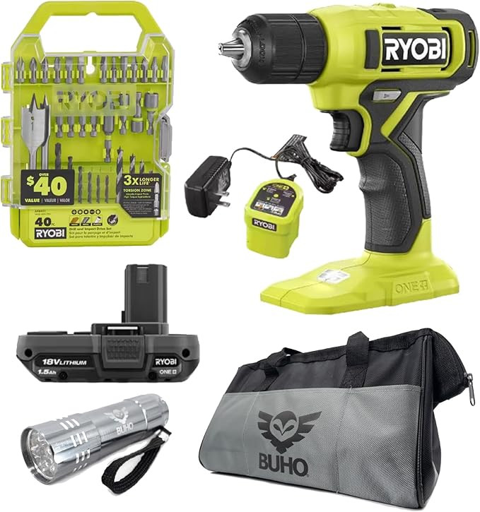 Drill Set Bundle with Ryobi 18V Cordless Drill, 1.5 Ah Lithium-ion Battery, 18-Volt Battery Charg... | Amazon (US)