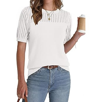 Zeagoo Women's Short Sleeve Sweater Tops 2026 Spring Summer Crew Neck Hollow Out Blouses Dressy B... | Amazon (US)