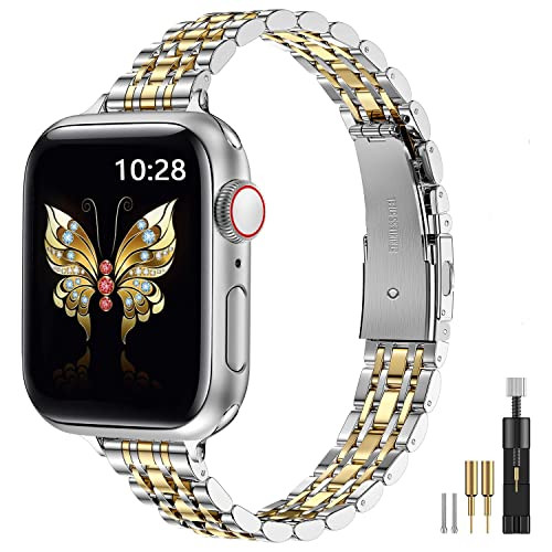 MioHHR Metal Band Compatible with Apple Watch Bands 49mm Ultra3/2/1,46mm Series 11 10,45mm Series 9 8 7,44mm Series 6 5 4 SE,42mm Series 3/2/1,Stainless Steel iWatch Bands for Women,Silver/Gold | Amazon (US)