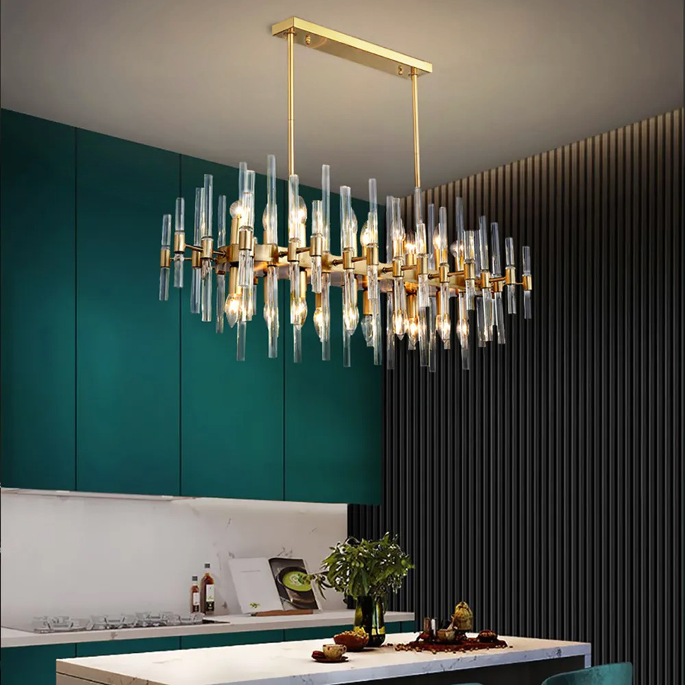 Crylick Modern Metal & Glass 20-Light Kitchen Island Pendant Light Chandelier in Brass | Homary