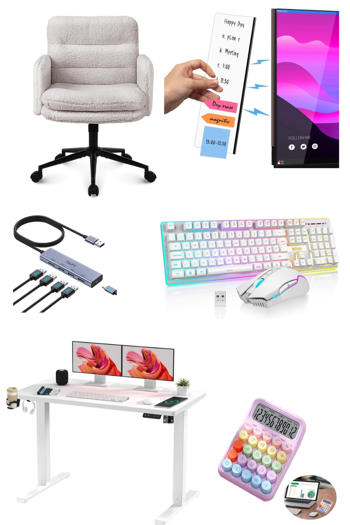 Slowly building my new home office with a standing desk to stretch the legs, soft cushioned teddy desk chair for when I want to give them a rest.

One of my favourite desk features is the bright LED keyboard that has a mechanical feel that I adore, it’s so satisfying to type on! 

THE USB splitter helped tidy cables on my desk and the magnetic monitor memo board is both practical and aesthetically pleasing.

The calculator is an added touch with a splash of fun colour and again, satisfying mechanical keys! 

Back to school, gaming room, office nook. Standing desk, IKEA dupe, LED mechanical keyboard, magnetic memo board, cushioned cosy office desk chair, desk essentials, Amazon must haves.

#LTKhome #LTKuk #LTKeurope