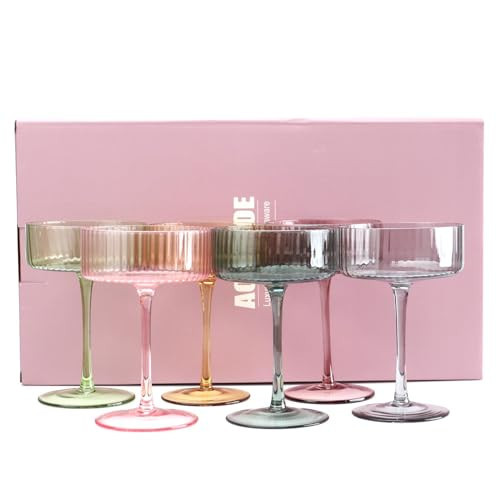 Champagne Coupe Glasses Set Of 6 Martini Glasses Ribbed Colored Glassware Vintage Cocktail Glasses Gifts Box Gifts For Women Mom Wife Sisters And Grandmother 10 Oz Pink Yellow Weddings | Amazon (US)