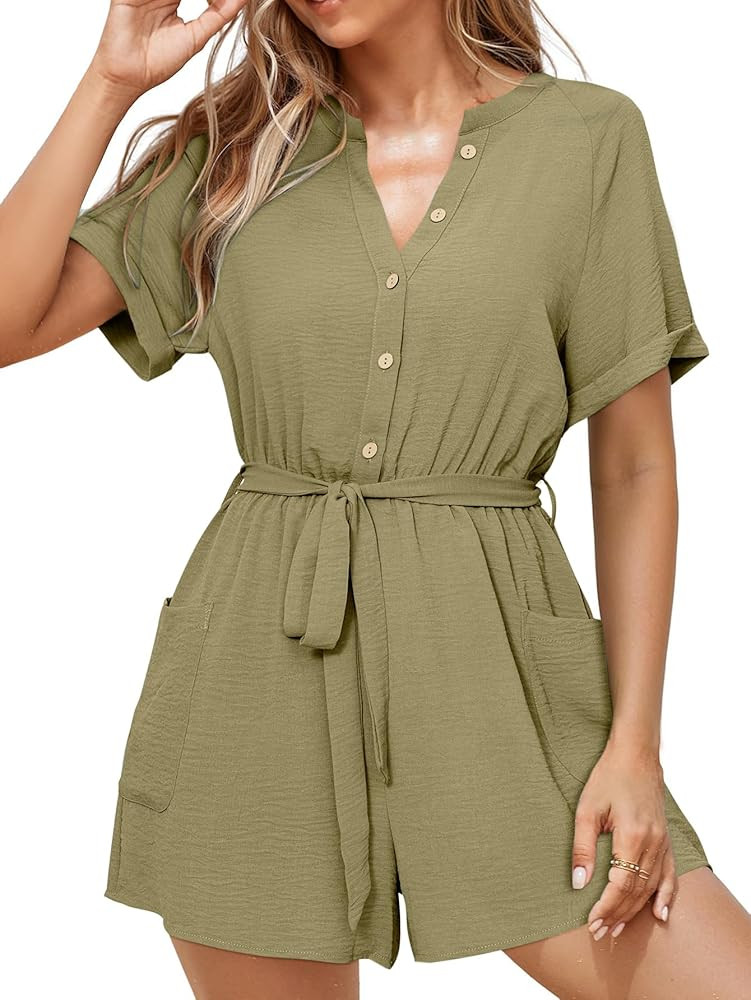 Simplee Women Summer Short Rompers V Neck Button Down Short Sleeve Belted Waist Tie Jumpsuits wit... | Amazon (US)