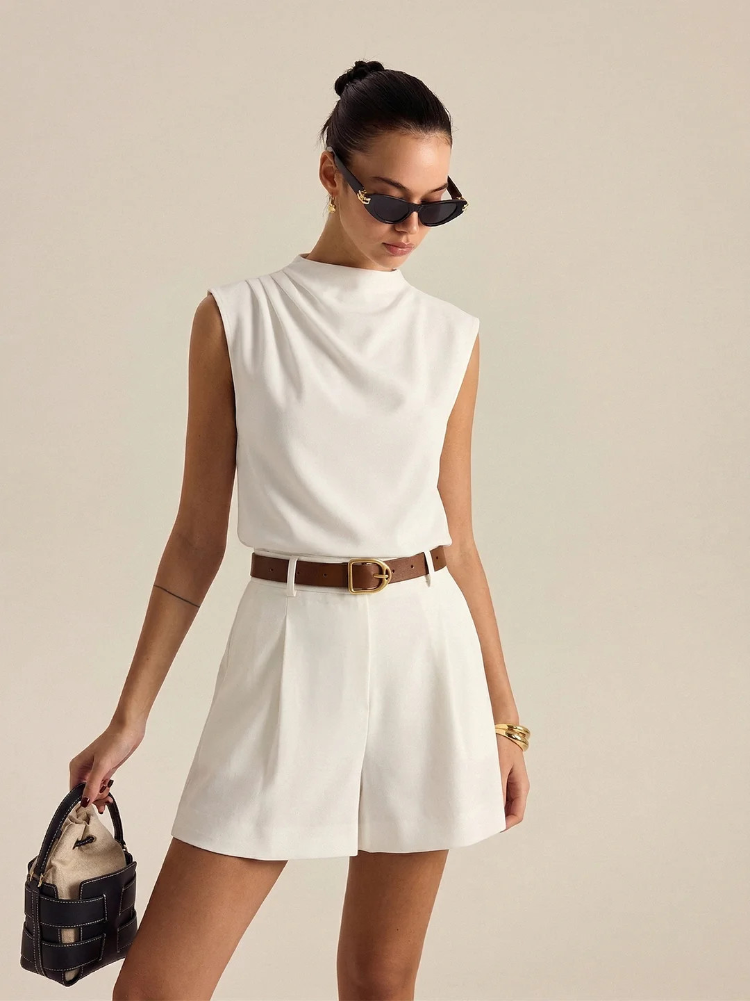 Draped Sleeveless Top & Belted Shorts Set | Commense