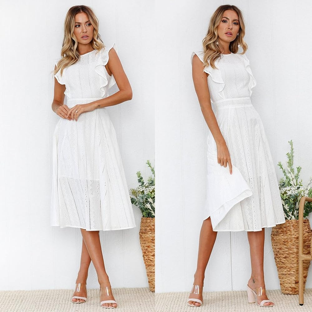 ECOWISH Womens Dresses Elegant Wedding Cocktail Ruffle Cap Sleeves Summer A-Line Midi Dress | Amazon (US)
