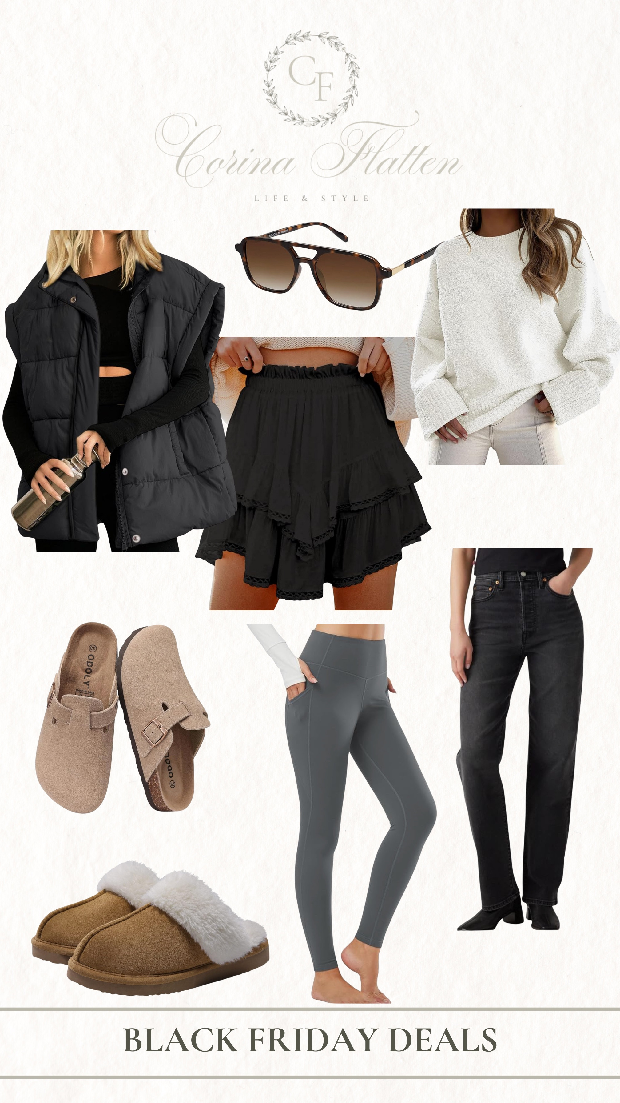 Black Friday deals you don’t wanna miss

Puffer vest, sweater, leggings, slide, potato shoe, sunglasses 

#LTKOver40 #LTKHoliday #LTKCyberWeek