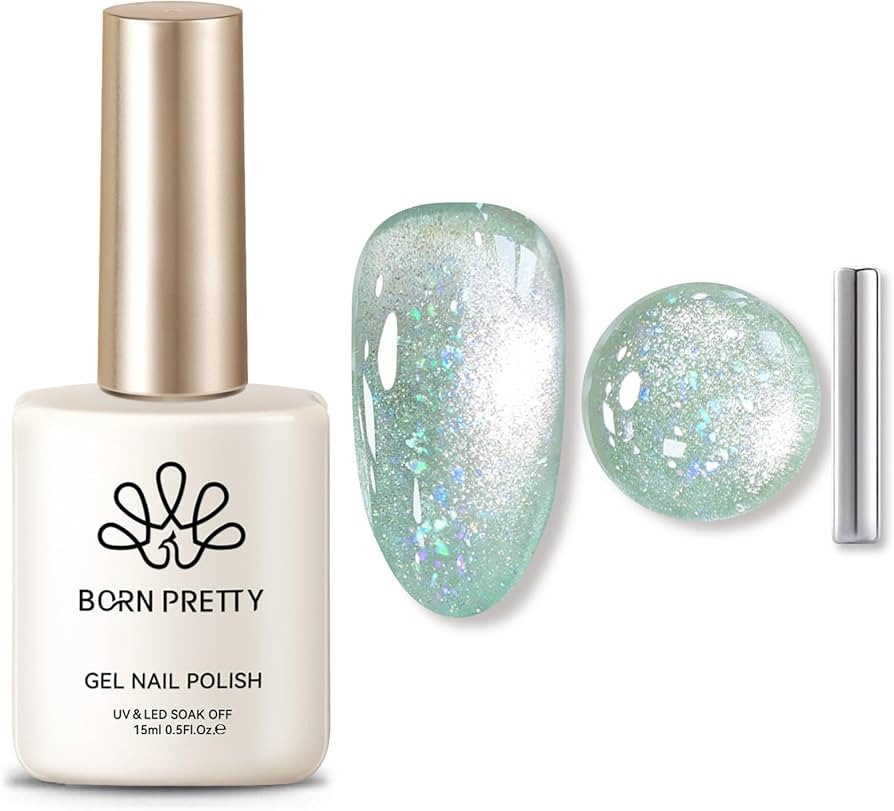 BORN PRETTY Green Cat Magnetic Eye Gel Nail Polish Shimmer Glitter Flakes Holographic Aurora Mint... | Amazon (US)