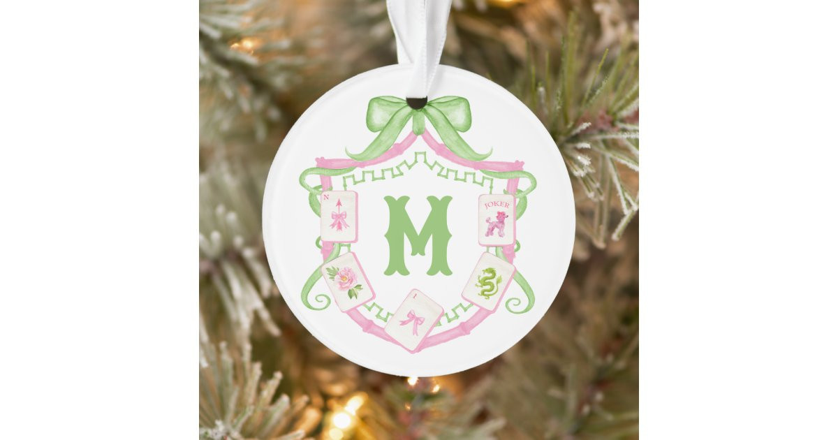 Watercolor Pink & Green Bow Mahjong Monogram Crest Ornament | Zazzle | Zazzle