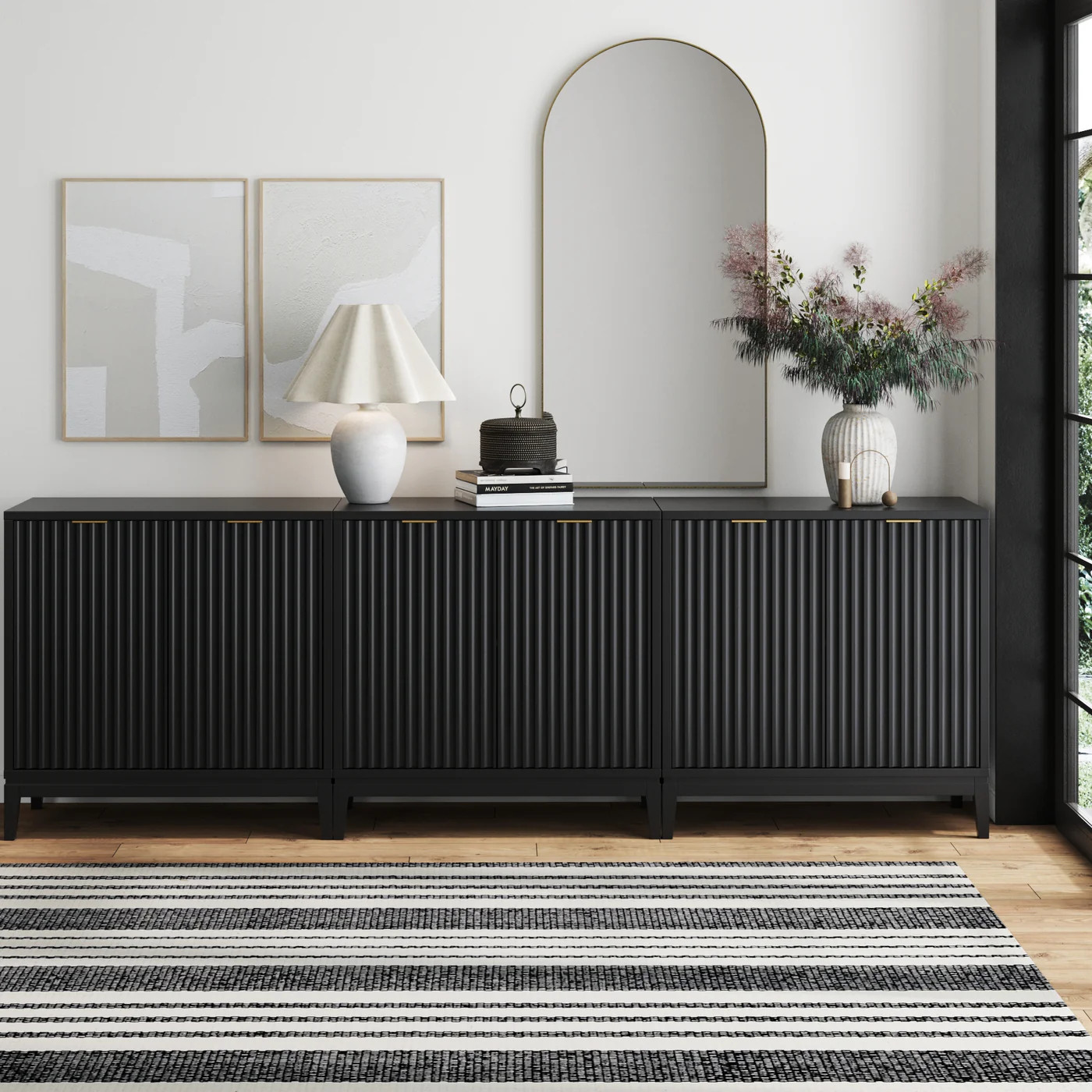 Mid-Century Fluted Storage Cabinet Credenza Black Oak (Set of 3) | Nathan James