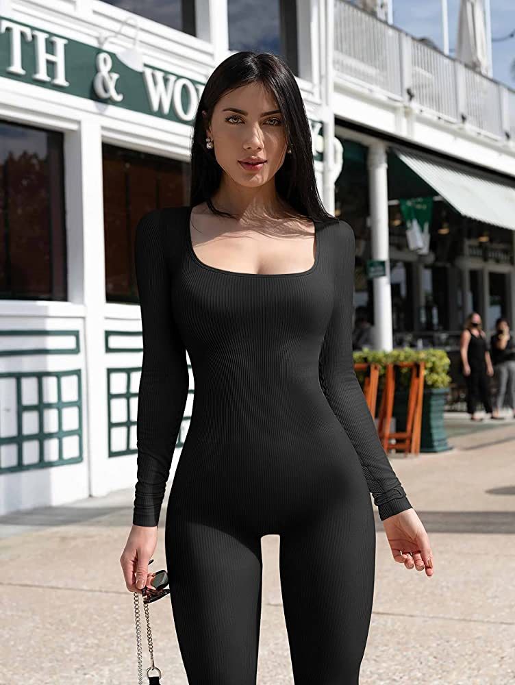 OQQ Women Yoga Jumpsuits Workout Ribbed Long Sleeve Sport Jumpsuits | Amazon (US)