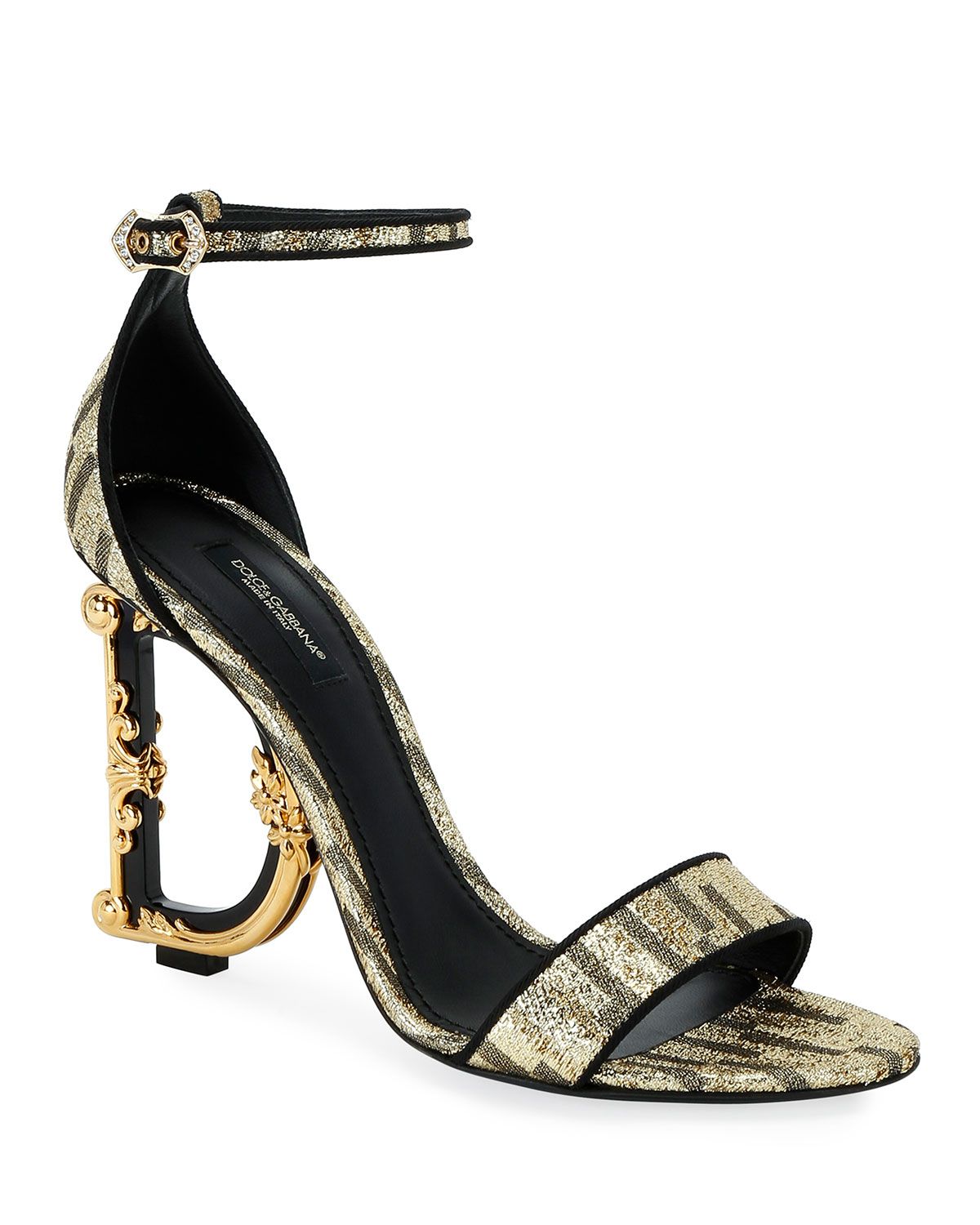 Metallic Fabric Sandals with Logo Heel | Neiman Marcus