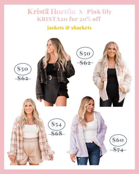 Shop my jackets and shackets with Pink Lily!! Code KRISTA20 for 20% off!!

#kristahortonxpinklily #womensfashion #fallfashion #falloutfits #familyphotos #blackjackets #flannel #shacket #teddyjacket #womensjackets #womensshackets

#LTKSeasonal #LTKsalealert #LTKHoliday