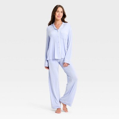 Women's Cloud Knit Long Sleeve Notch Collar Top and Pants Pajama Set - Auden™ Light Blue XL | Target