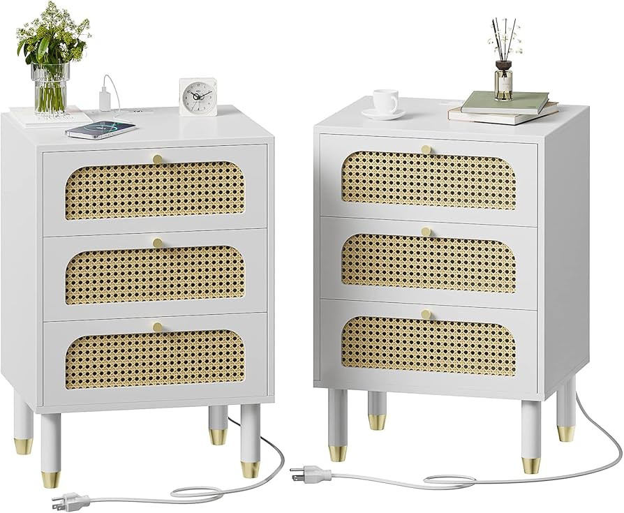VINGLI Boho Nightstand Set of 2 Rattan/Cane End Table with Charging Station Large Bedside Table M... | Amazon (US)