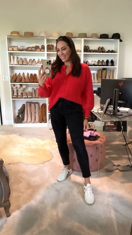 Easy weekend outfit, casual mom outfit, cool mom outfit, over 40 style, Sezane sweater, red sweater, red trend, Veja sneakers, post partum outfit 



#LTKshoecrush #LTKstyletip #LTKmidsize