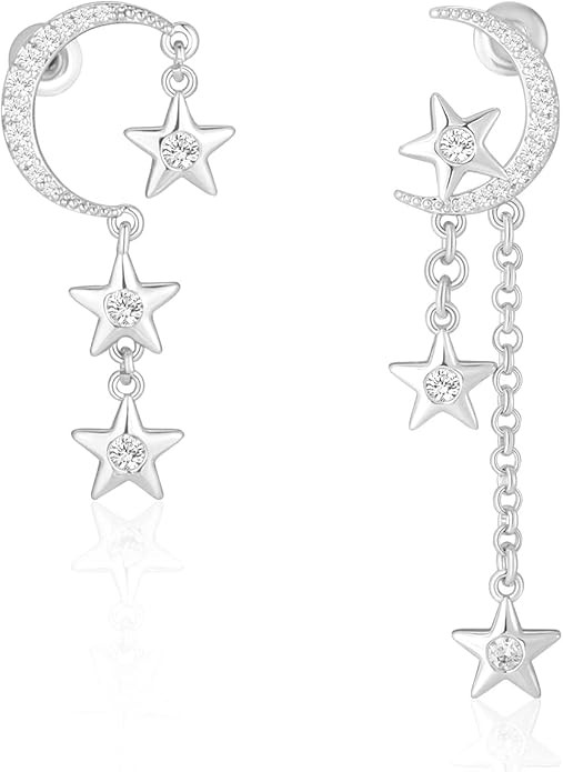 MESOVOR Moon Star Dangle Earrings, 16K Gold Plated Drop Tassel | Sparkling Zirconia Asymmetrical ... | Amazon (US)