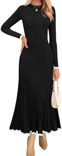 ZESICA Women's Long Sleeve Sweater Dress Fall 2025 Crewneck Ribbed Knit Pleated A-Line Maxi Weddi... | Amazon (US)