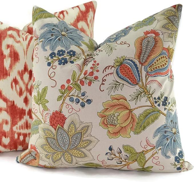 Flowershave357 Blue Gold Red Coral Tan Jacobean Floral Throw Pillow Cover 18x18 | Amazon (US)