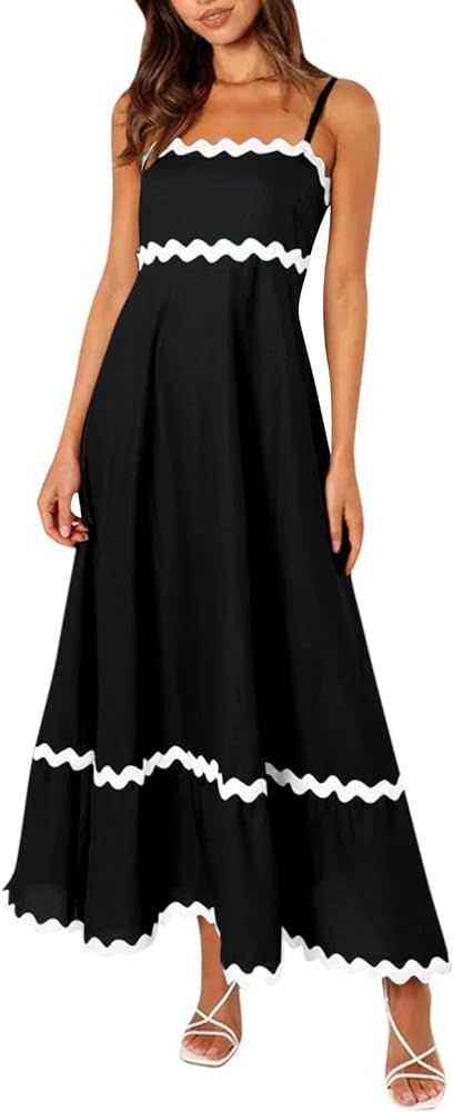Summer Dresses for Women 2024,Trendy A-Line Spaghetti Straps Ruffled Edges Flowy Maxi Dress | Amazon (US)