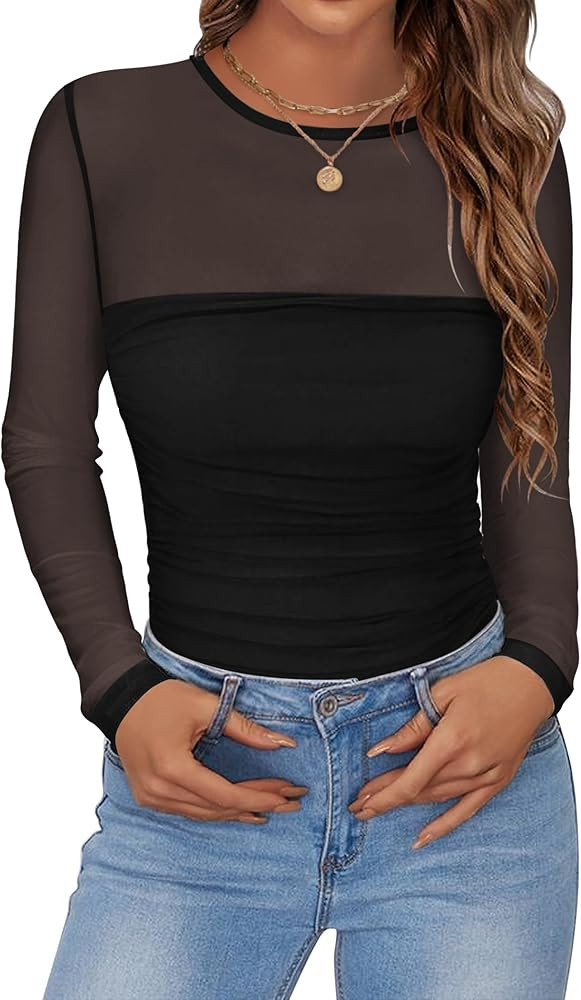 Zeagoo Long Sleeve Shirts for Women Sheer Mesh Sexy Blouses Fall Fashion Crewneck Going Out Tops | Amazon (US)