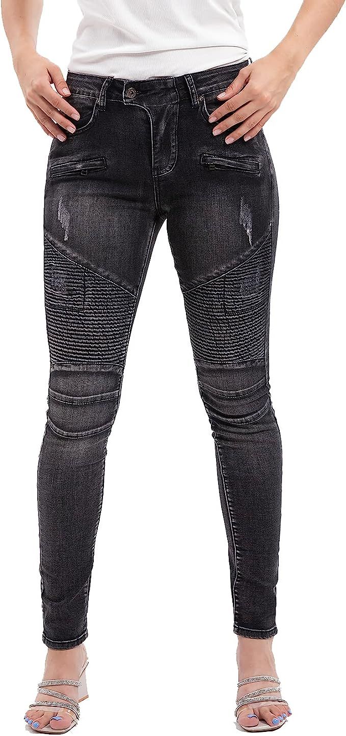 Lisskolo Women's Stretch Moto Biker Skinny Jeans Ripped Moto Leggings Riding Jean | Amazon (US)