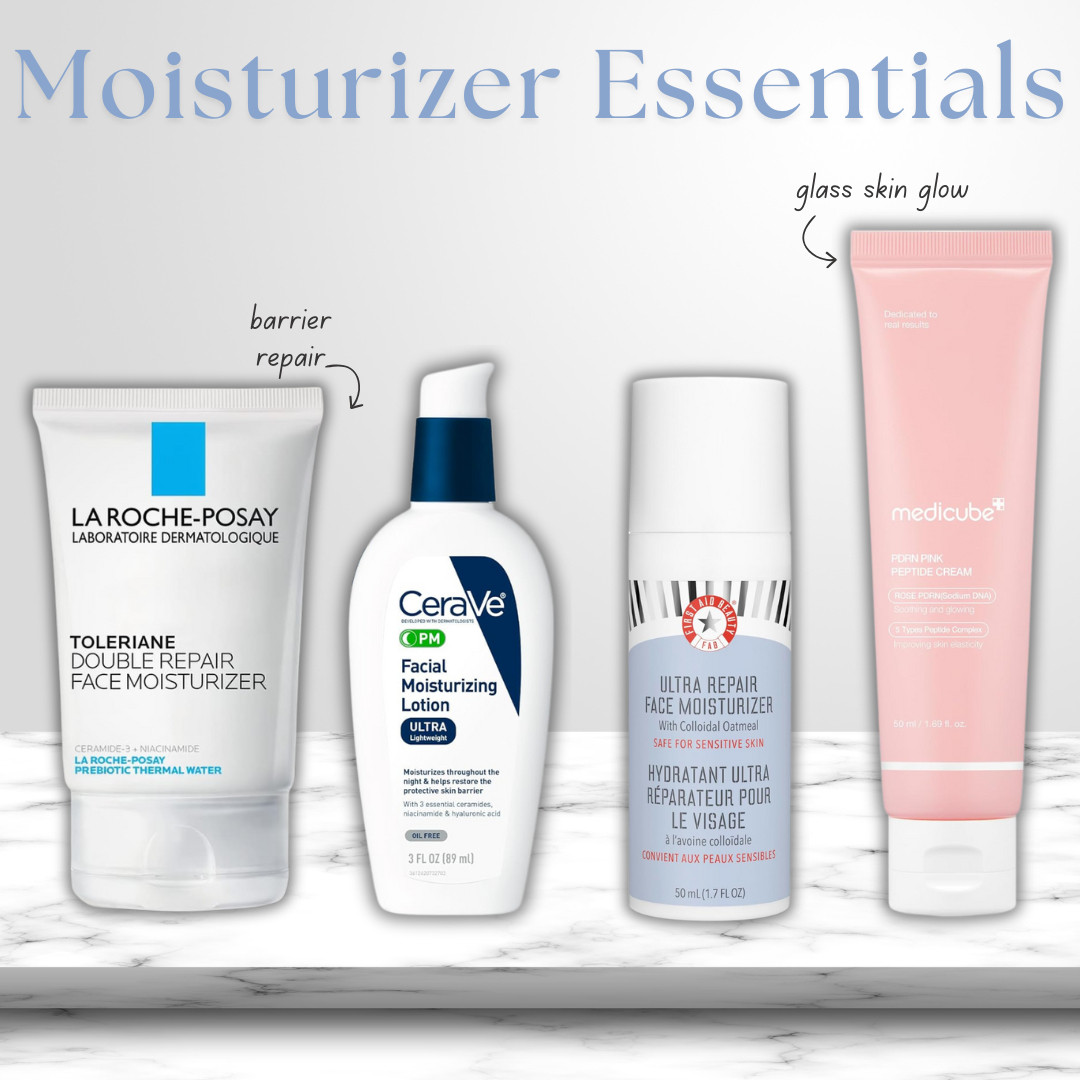 Moisturizer essentials I actually reach for 🩵 

From barrier repair to glass-skin glow, these are the face moisturizers I rotate depending on what my skin needs that day.

🧴 La Roche-Posay Toleriane Double Repair – go-to for barrier repair + sensitive skin
🧴 CeraVe PM Facial Moisturizing Lotion – lightweight daily hydration, never greasy
🧴 First Aid Beauty Ultra Repair – calming, soothing, perfect when skin feels reactive
🧴 Medicube Pink Peptide Cream – plump, glowy finish for that glass skin look

Easy to layer, makeup-friendly, and reliable year-round staples. 

Tap to shop my current moisturizer lineup ✨ 

🩵 🤍 🩵 🤍 
facial moisturizer, daily face moisturizer, sensitive skin moisturizer, barrier repair cream, hydrating face cream, glass skin moisturizer, skincare essentials, dermatologist recommended moisturizer 

 

#LTKmorningroutine #LTKselfcare #LTKBeauty
