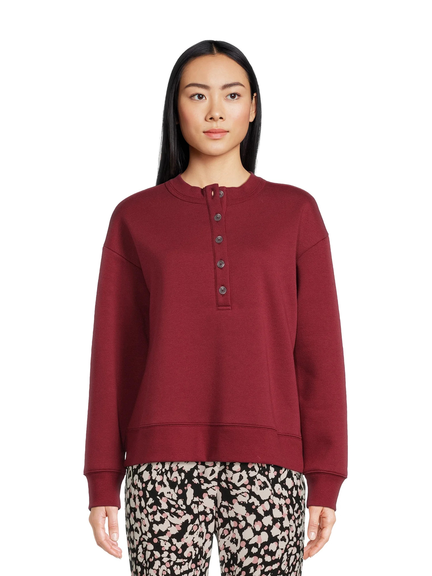 Time and Tru Women's Fleece Henley Pullover Sweatshirt with Long Sleeves, Sizes XS-XXXL | Walmart (US)