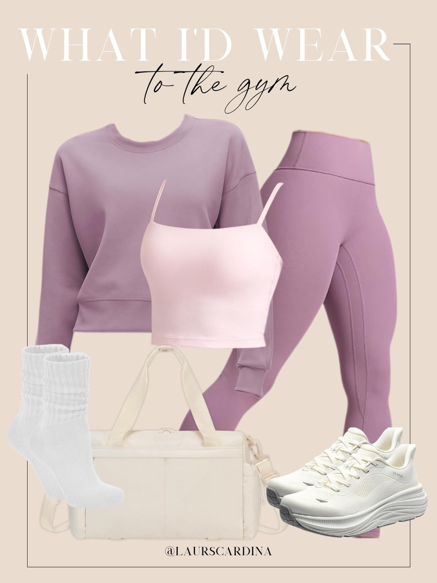 What I’d wear to the gym, including a pink tank sports bra, lilac leggings and a coordinating crewneck sweatshirt, scrunchy socks, a gym bag, and Villanova walking shoes.

Ootd, workout outfit, casual outfit, amazon fashion

#LTKFindsUnder50 #LTKfitnessgoals #LTKActive