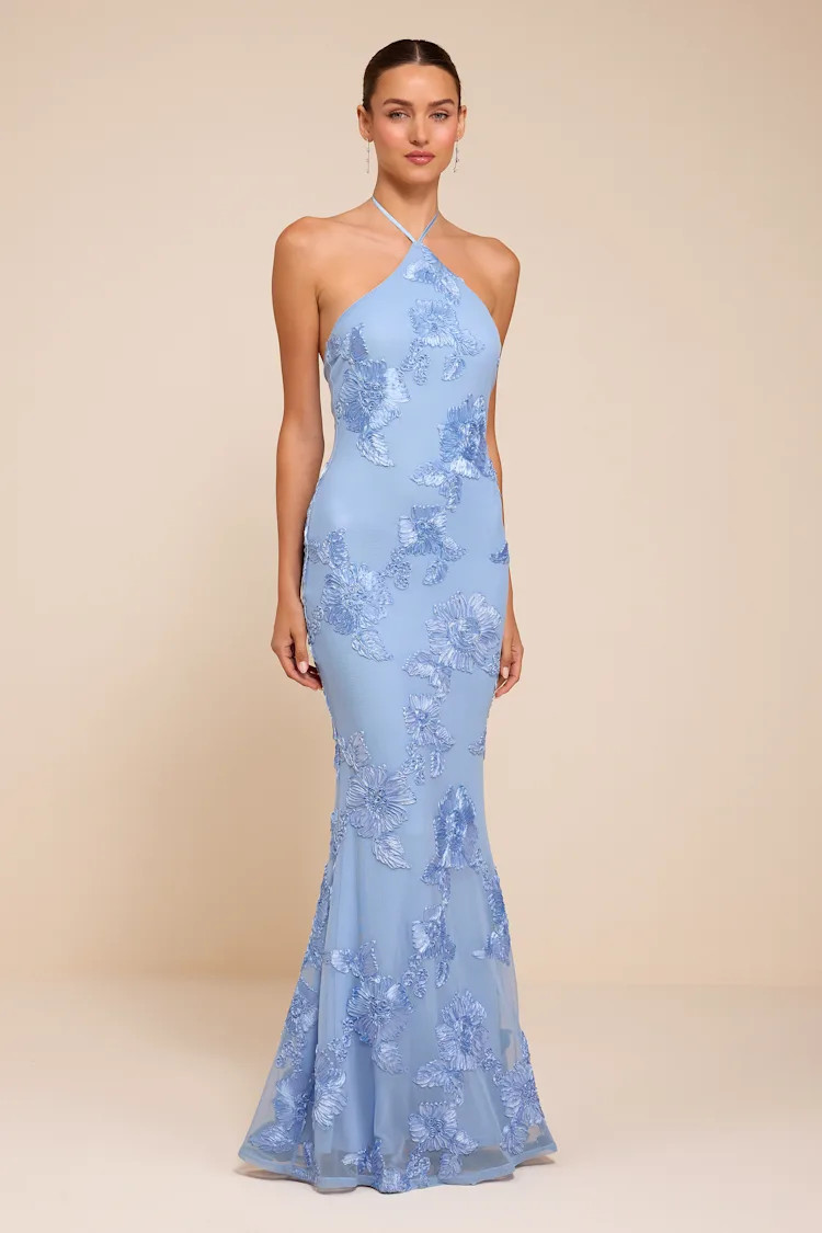 Celyna Light Blue Mesh Floral Applique Maxi Dress | Lulus