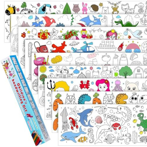 Tatuo 9 Pcs Children's Drawing Rolls, 11.8" x 118" Coloring Paper Rolls Sticky DIY Painting Drawing Filling Paper Roll for Toddler Early Educational Toys Kids Gift (Land & Marine Animals & Dinosaur) | Amazon (US)