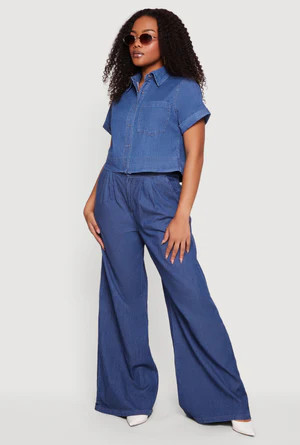 Chambray Cropped Snap Button Front Shirt | Rainbow Shops