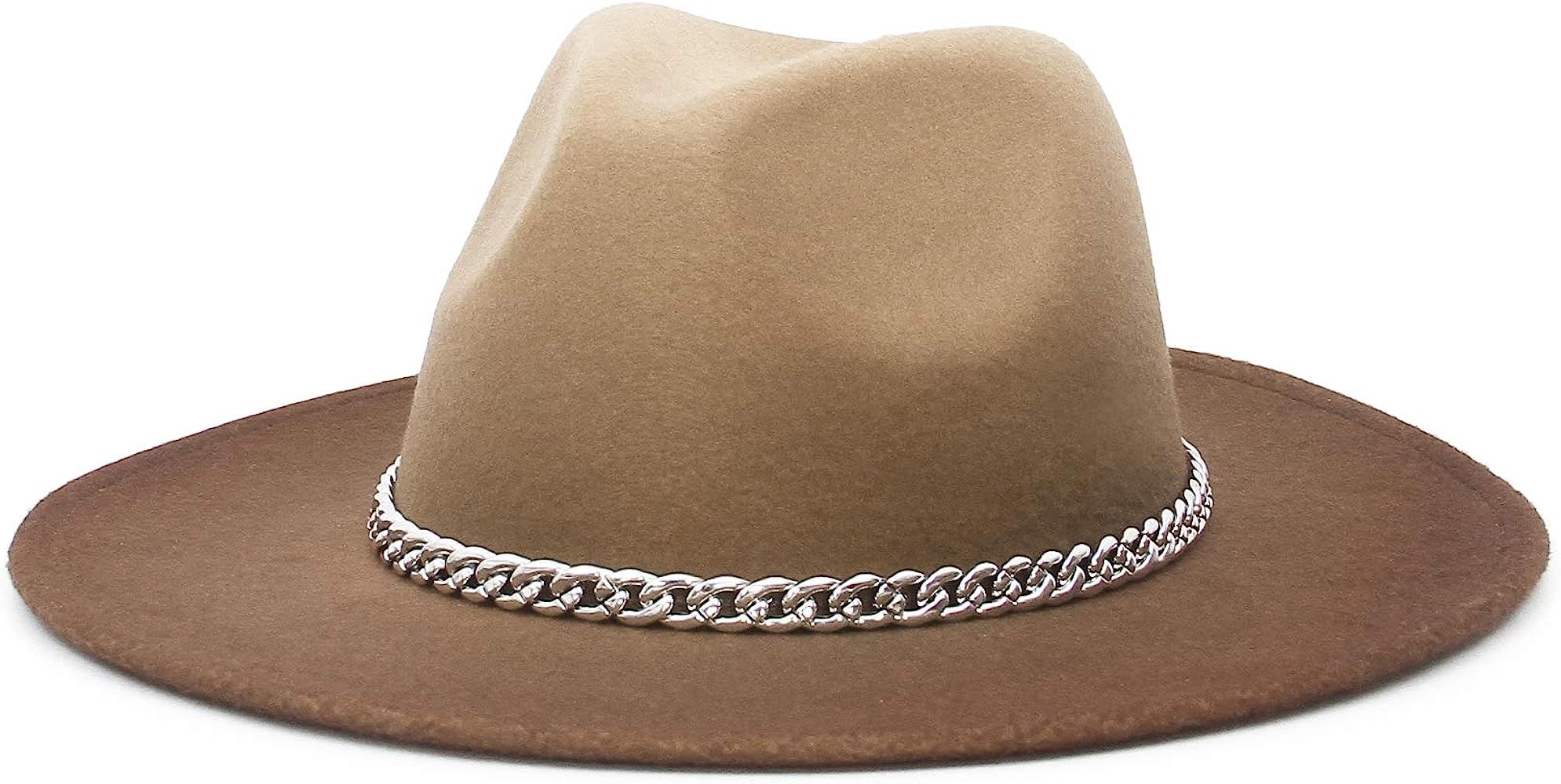 Unisex Fashion Felt Fedora Hat Gradient Color Wide Stiff Brim Jazz Panama Sun Hat with Chain | Amazon (US)