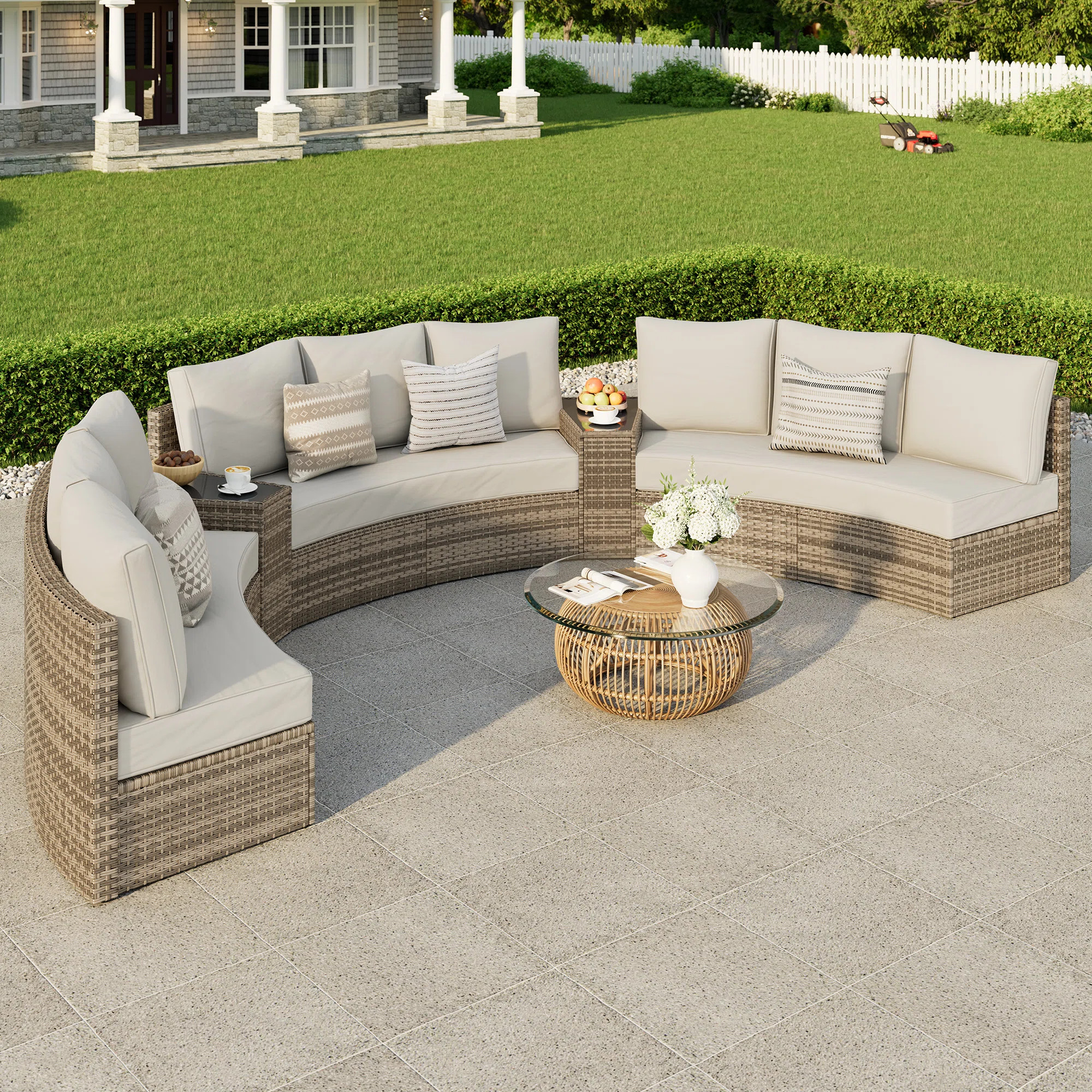 Leiny 11 Piece Rattan Sofa Seating Group With Cushions and Side Tables, Beige | Wayfair North America