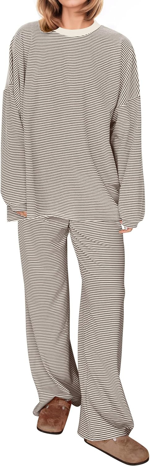MISSACTIVER Women's 2 Piece Striped Lounge Set Long Sleeve Oversized T-Shirt Wide Leg Pants Matching Pajamas Set | Amazon (US)