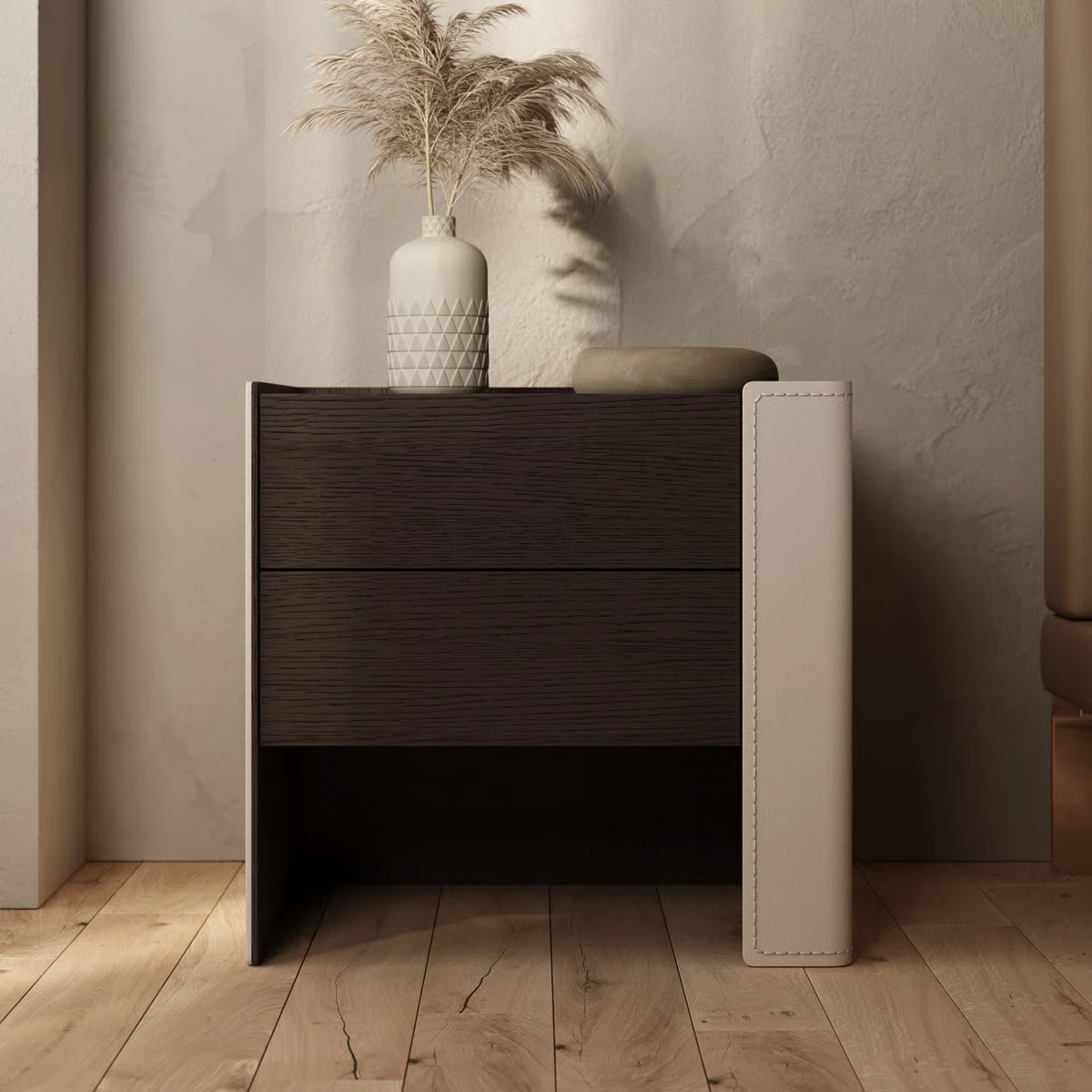 Mid-Century Modern Nightstand Wood and Leather Bedside Table, Minimalist Bedroom Side Table with ... | Wayfair North America