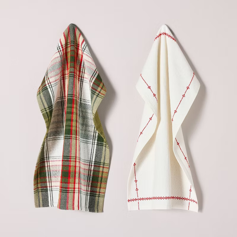 2ct Embroidered Border & Plaid Christmas Kitchen Towels - Hearth & Hand™ with Magnolia | Target
