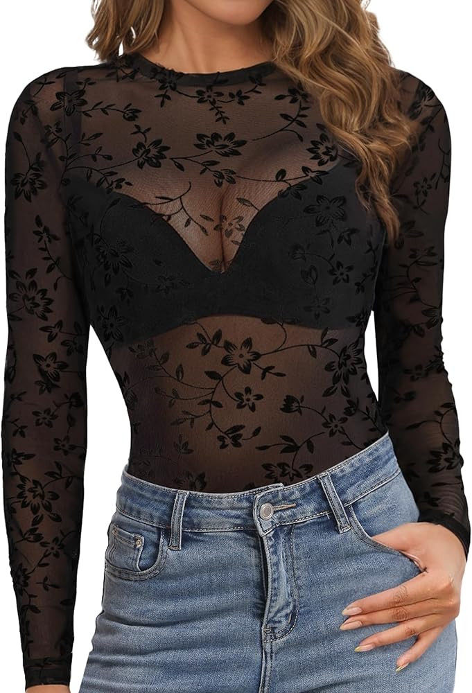 Buauty Women's Lace Long Sleeve Tops, Mock Neck Sheer Mesh Top, See Through Floral Lace Tops, Par... | Amazon (US)