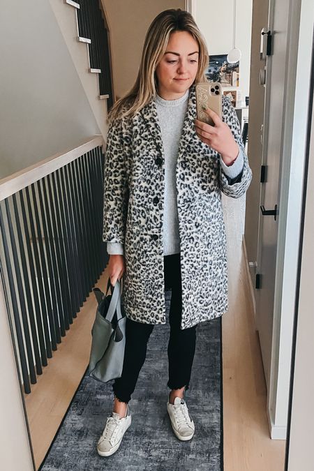 Everything is old, but linking lots of similar styles!
Ann Taylor grey leopard coat.
Marine Layer sweater.
Paige jeans.
Golden Goose sneakers.
Grey leather tote.

#LTKSeasonal #LTKstyletip