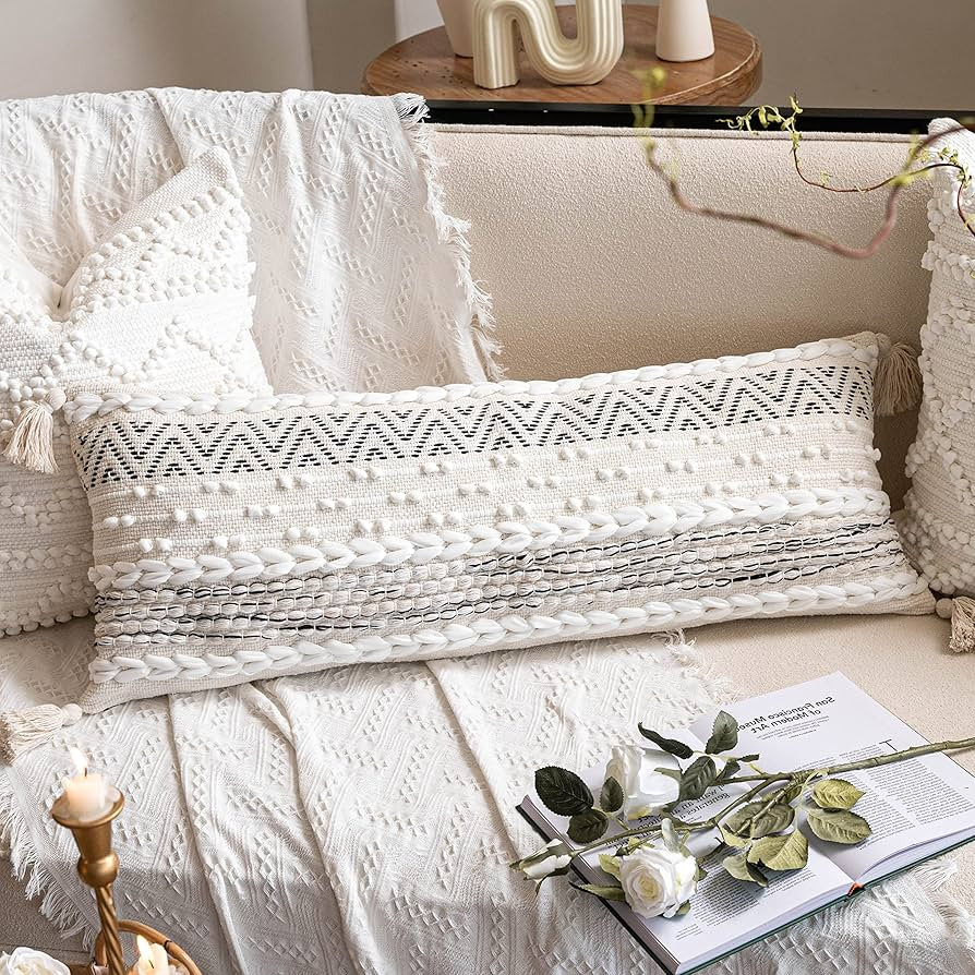 BlissBlush Decorative Lumbar Throw Pillow Cover 14x36 Boho Long Cushion for Bed Black Neutral Whi... | Amazon (US)