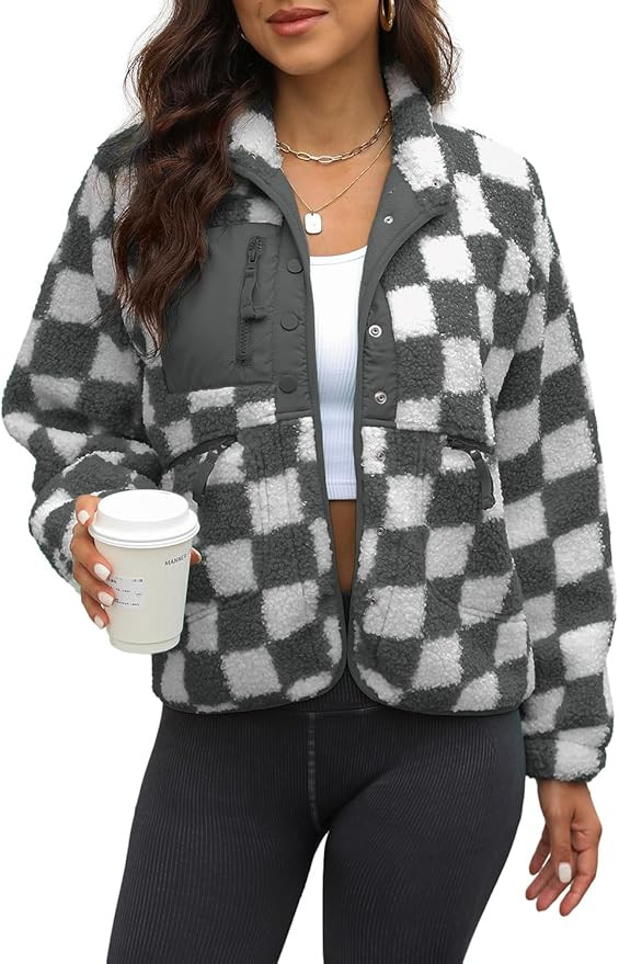 Yanekop Womens Fleece Jacket Fuzzy Long Sleeve Short Coats Button Down Sherpa Outerwear With Pock... | Amazon (US)