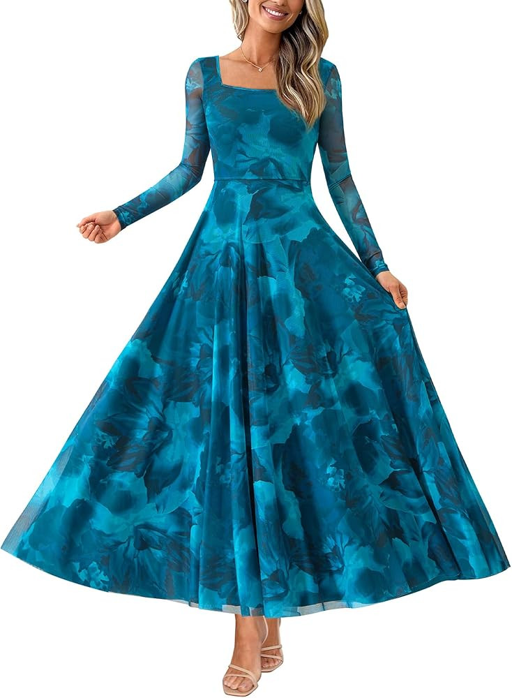 BTFBM Women Maxi Dress Fall 2025 Fashion Elegant Long Sleeve Square Neck Floral Print Party Club ... | Amazon (US)