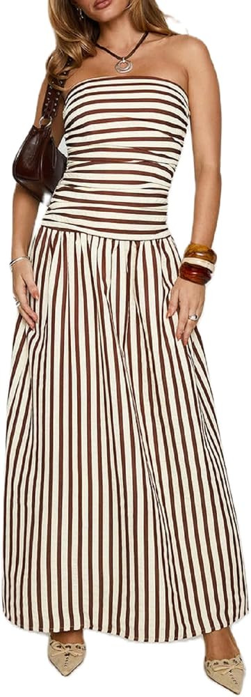 UAURORAO Women Gingham Strapless Maxi Dress Drop Waist Tube Long Dresses Off Shoulder Backless Fl... | Amazon (US)
