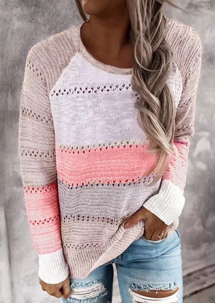 Hollow Out Color Block Sweater - Pink - Bellelily | Bellelily